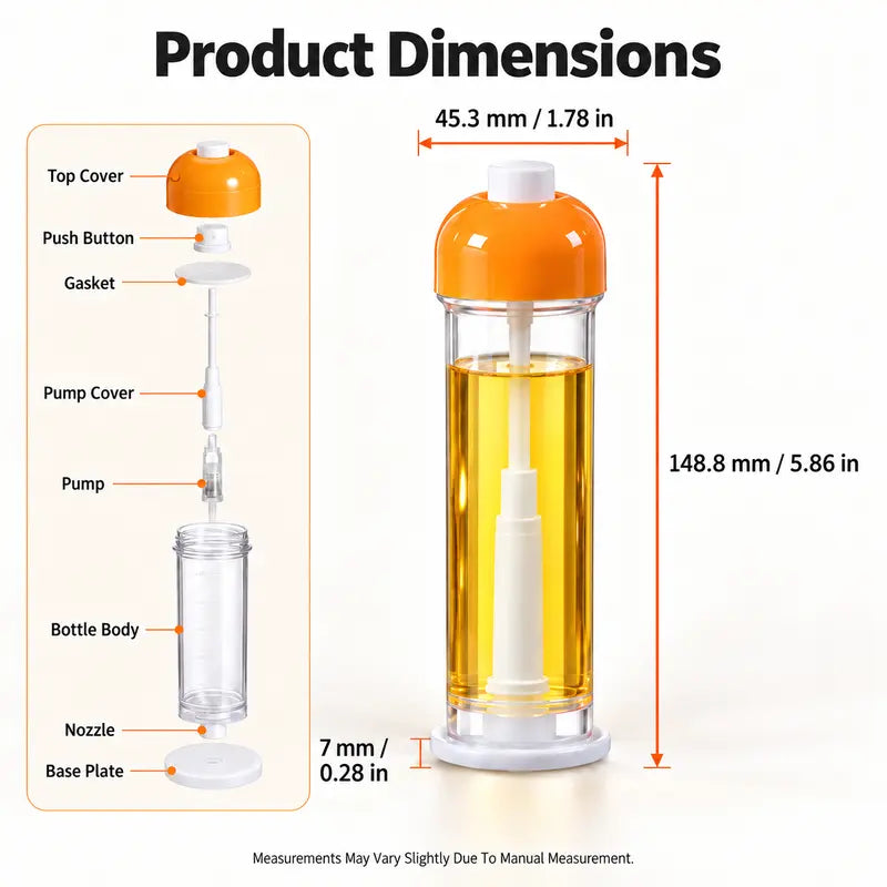 Oil sprayer dimensions and component diagram: approximately 45.3 mm diameter by 148.8 mm height