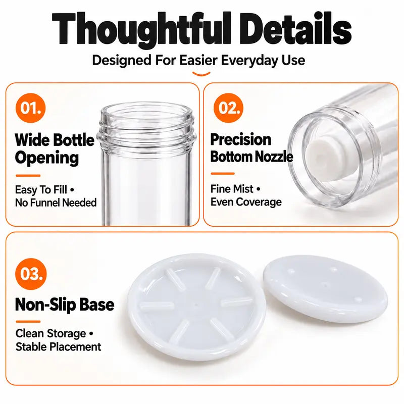 Close-ups of the wide bottle opening, precision bottom nozzle and separate base