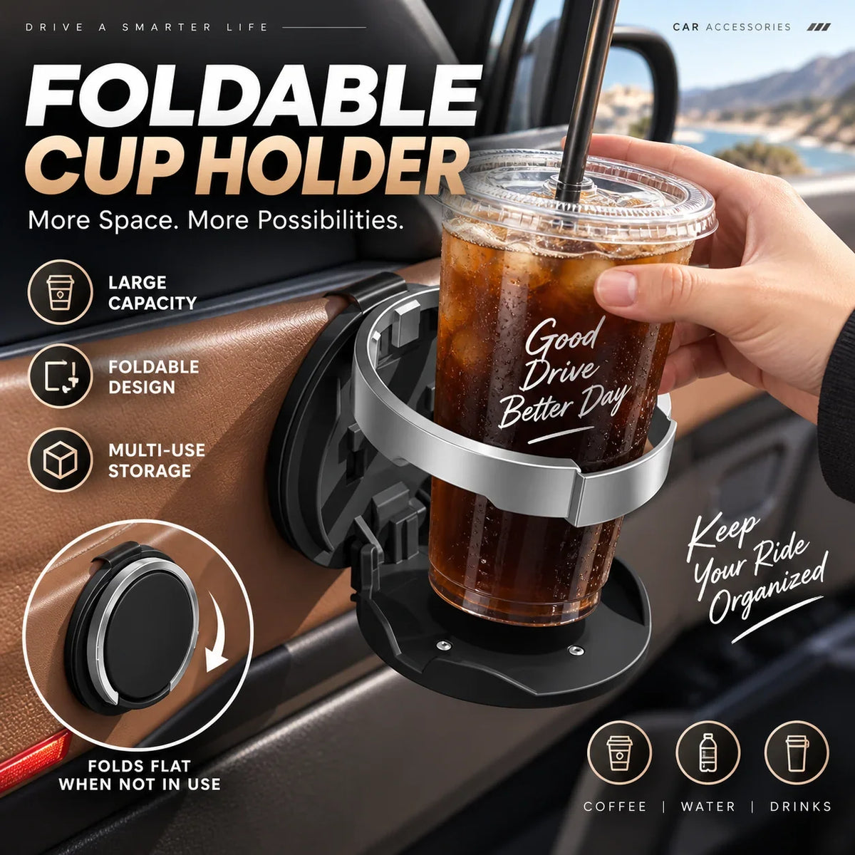 🥤Multifunctional Foldable Car Door Cup Holder Large Diameter Drink and Water Bottle Storage Rack